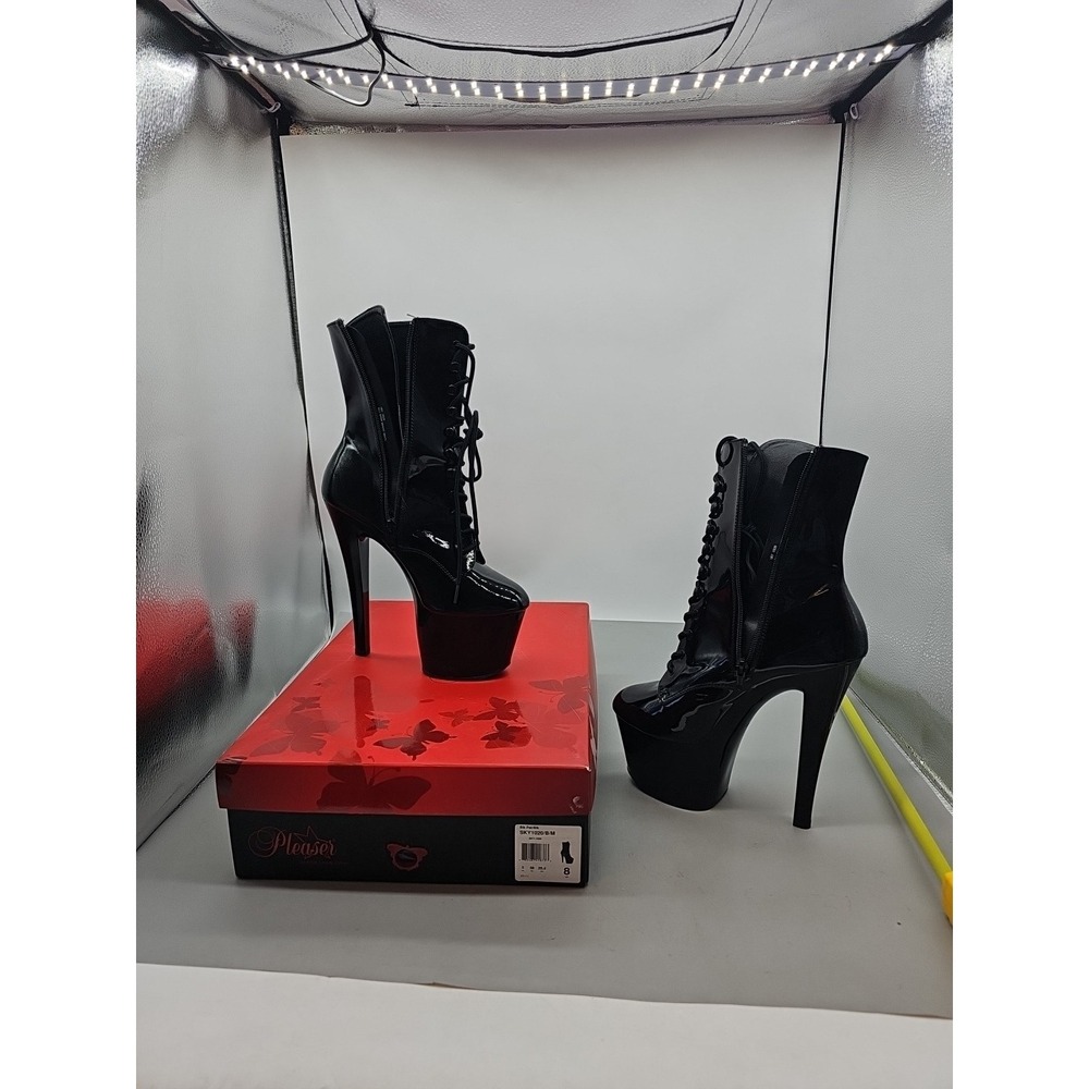 PLEASER FLAMINGO-1020 Sexy Dancer 8" Heel Platform Lace Up Black Ankle Boots Sz8